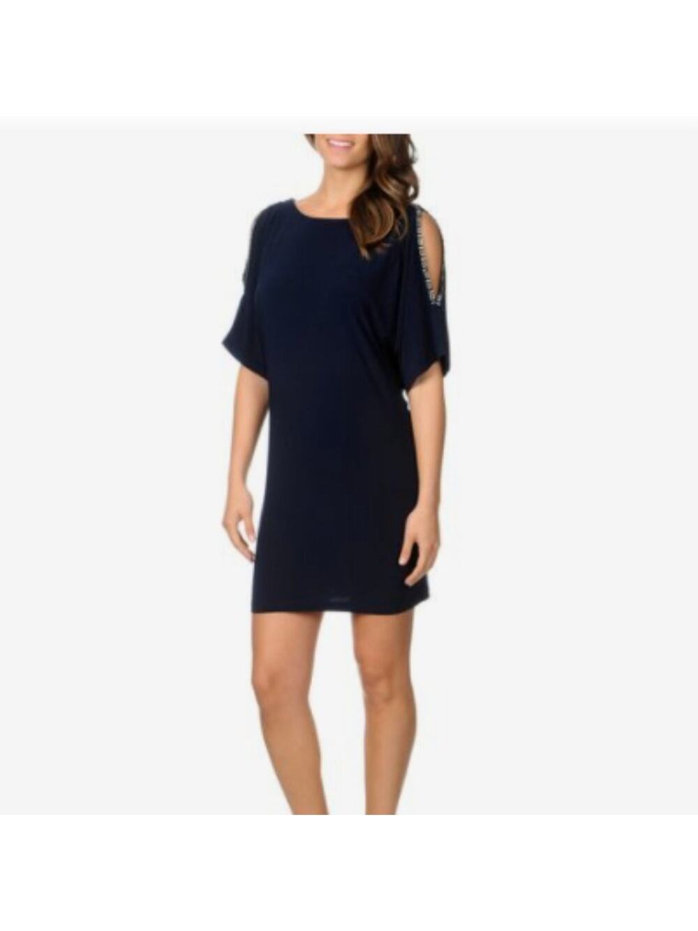 NWT Cachet Navy Blue Beaded Open Shoulder Draped Jersey Dress Size: 16